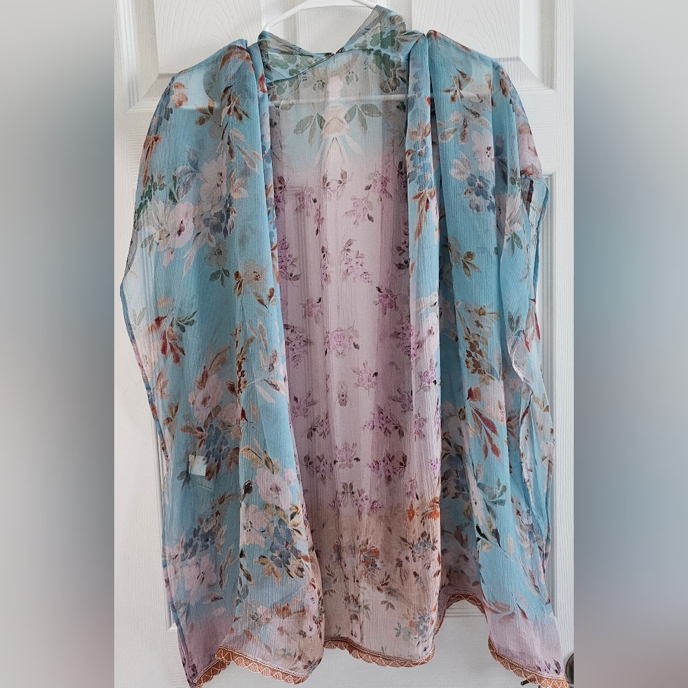 Soft Surroundings Womens Kimono one size sheer blue, pink coral Designer… - Picture 4 of 7